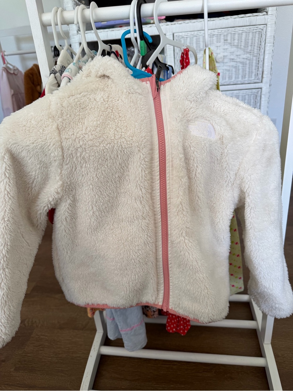 The North Face Kids Cream Fuzzy Zip Hoodie with Pink Trim